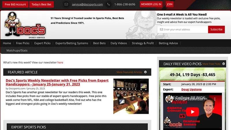 Screenshot of Doc's Sports, one of the top sites for free and premium sports betting picks