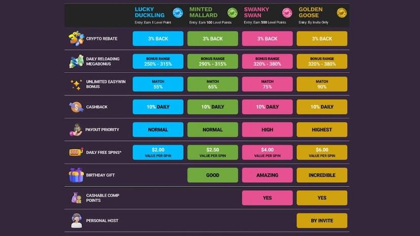 The tiers and rewards for the DuckyBucks Rewards program at DuckyLuck Casino, one of the top online casino VIP and loyalty programs around