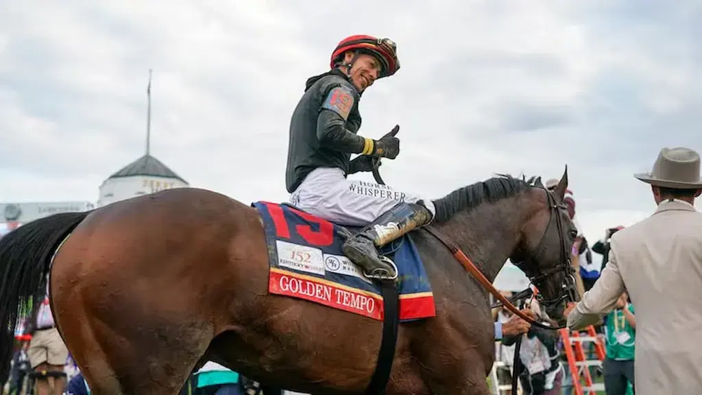 Golden Tempo Preakness Stakes article cover (Golden Tempo and jockey Jose Ortiz at the 2026 Kentucky Derby)